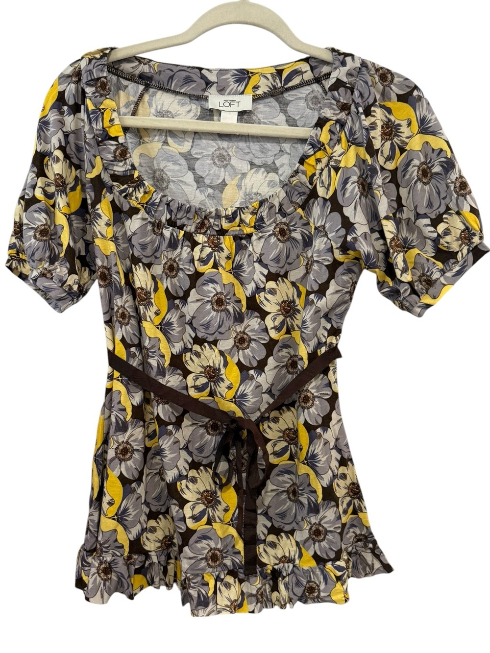LOFT Small Floral Peplum Top Gray Yellow Brown Cotton Modal Boho Blouse